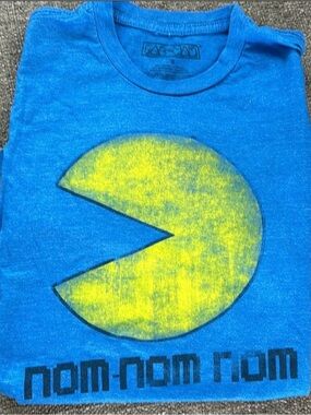 Vintage Pac-Man Nom Nom Nom Retro Arcade Graphic Tee Small S Blue